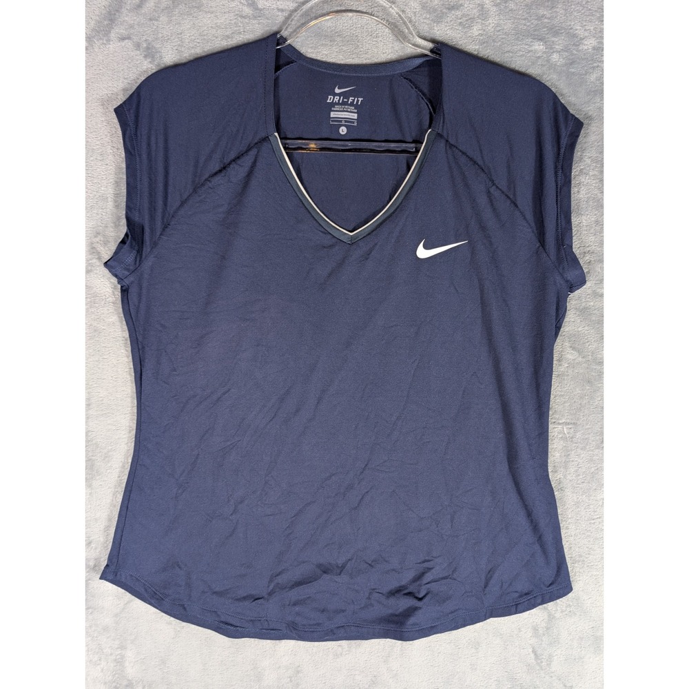 Nike Womens Dri-FIT V-Neck Short Sleeve Athletic Training Shirt Navy Blue Large